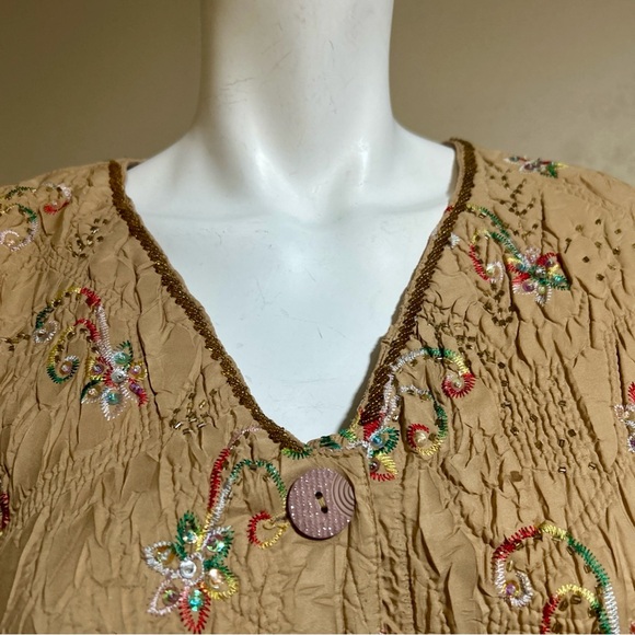 Vintage DB Sport Beaded & Sequin Crinkle Jacket Beige, Embroidered, Sz M - Picture 3 of 16